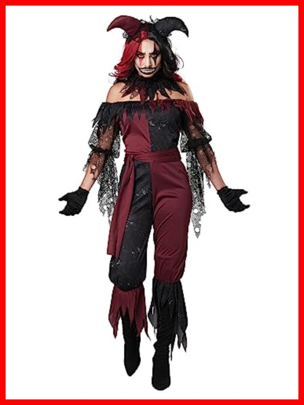 Psycho Jester Costume Set Top Trousers Collar Waist Tie Headpiece